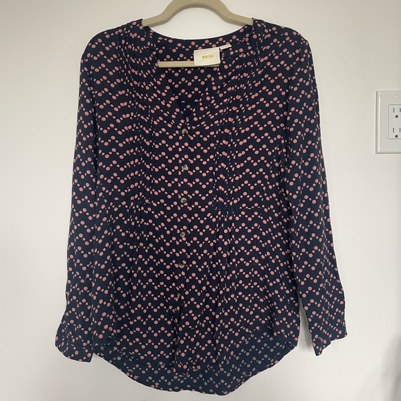 Maeve Tops - Anthropologie Maeve Woman Medium Navy Button Up Blouse Pink Polka Dots Business